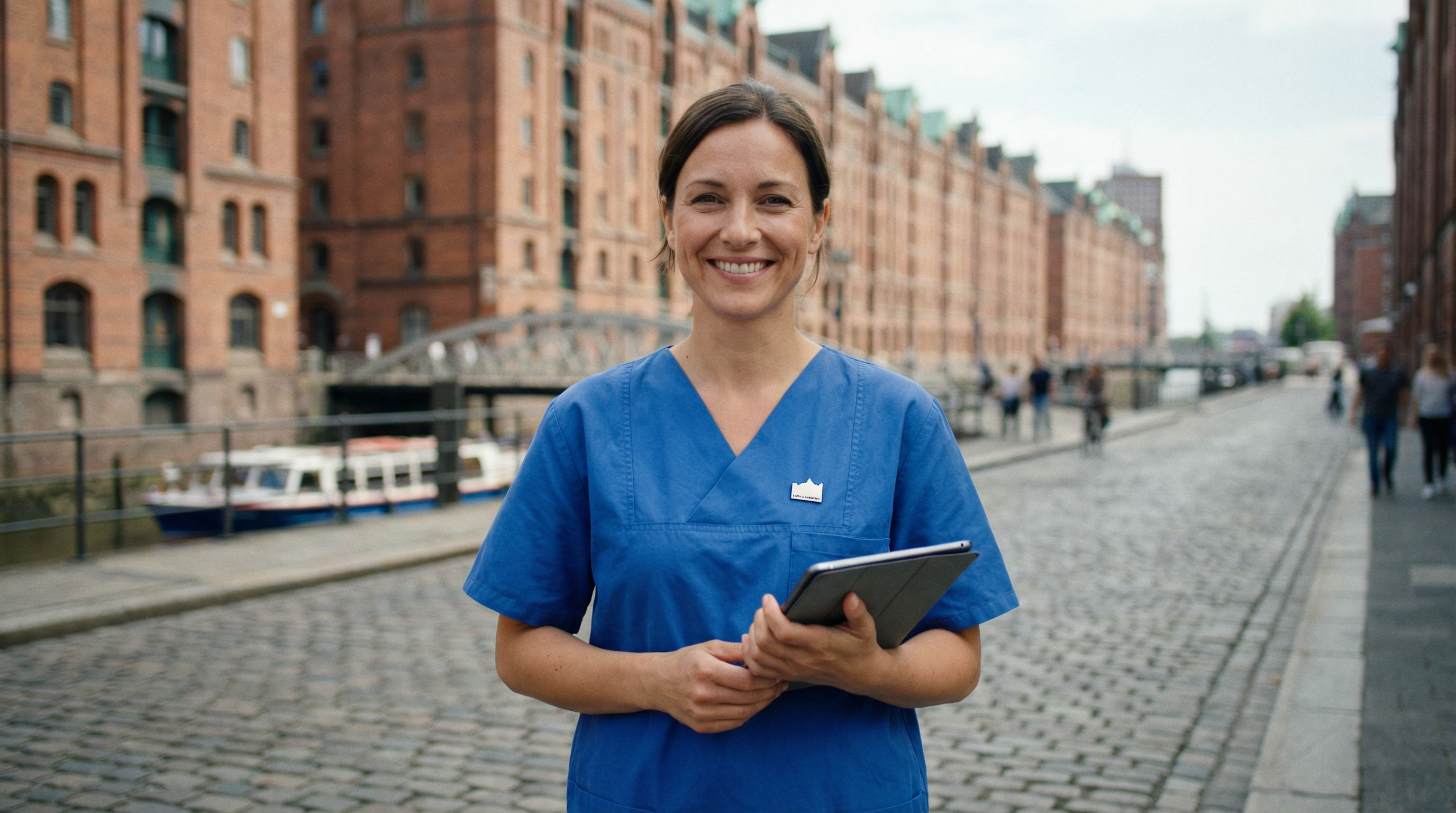 Pflegekraft vor Hamburger Kulisse